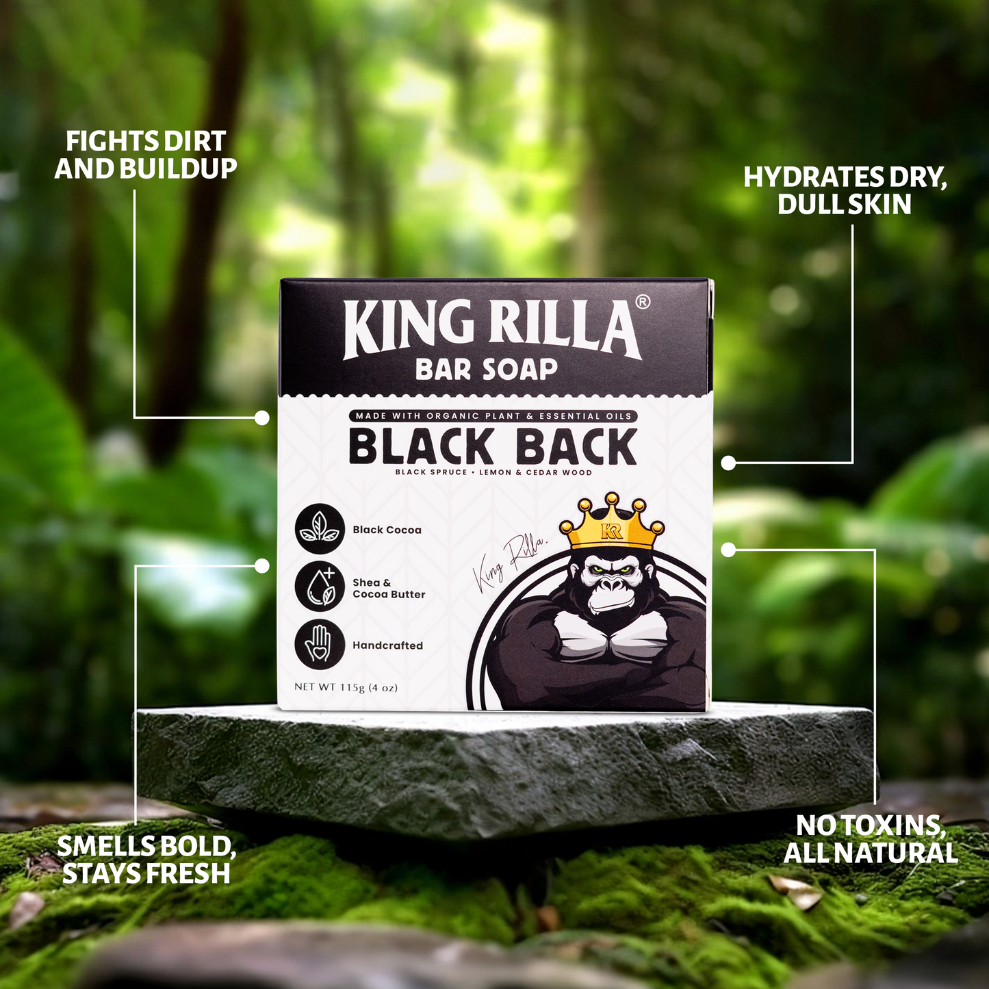 King Rilla Bar Soap packaging with greenery in the background