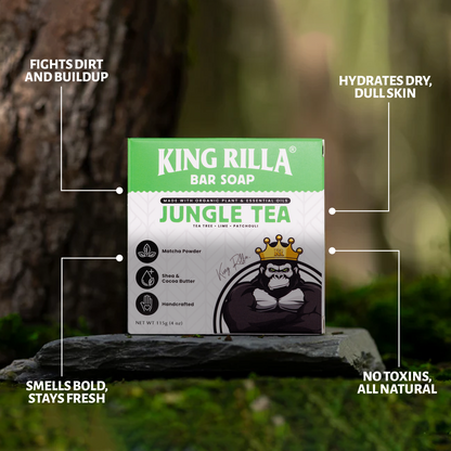 King Rilla Jungle Tea bar soap packaging with features listed on a natural background