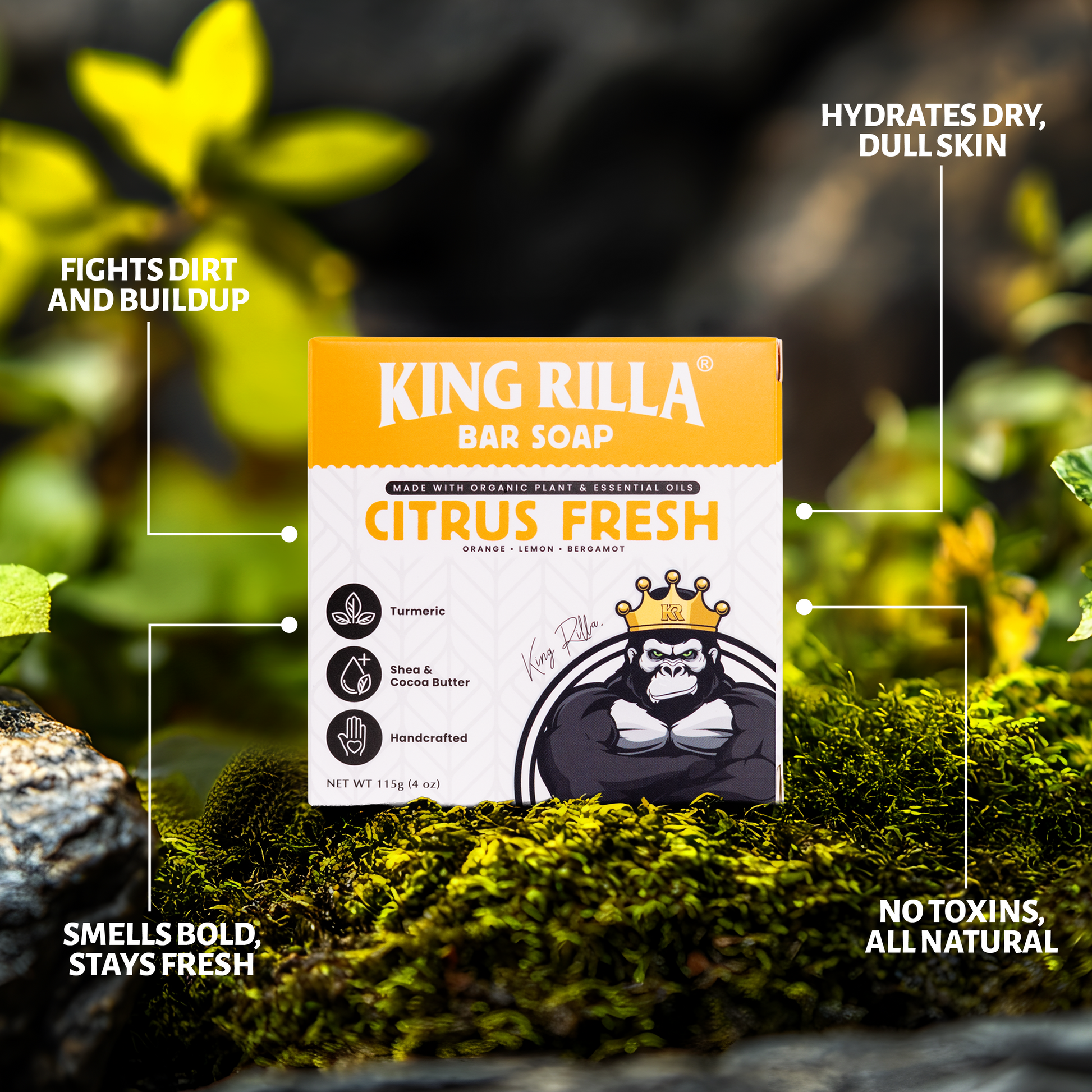 King Rilla Citrus Fresh bar soap packaging on a natural background with text highlighting features.