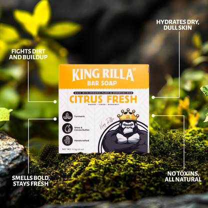 King Rilla Citrus Fresh bar soap packaging on a natural background with text highlighting features.