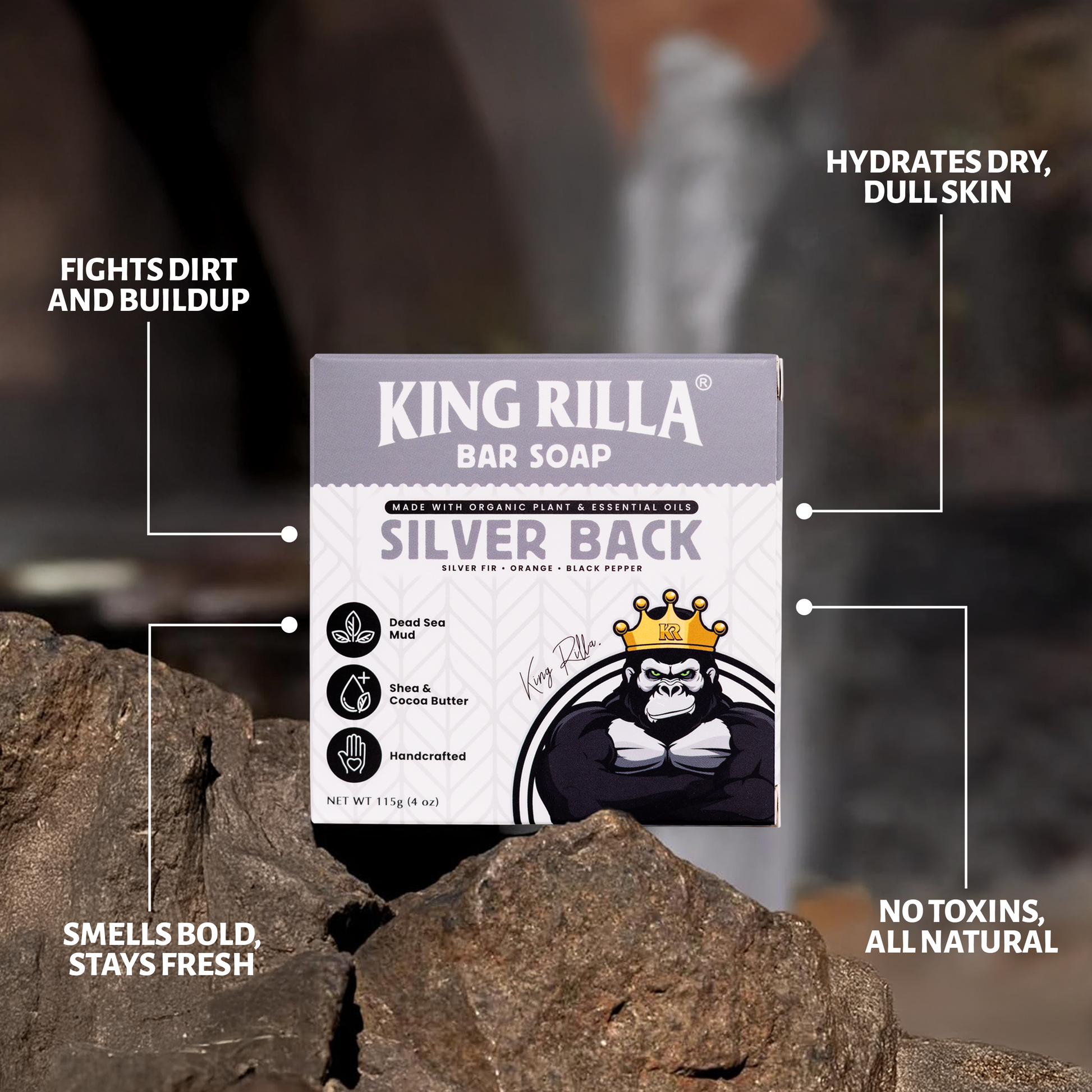 King Rilla Bar Soap packaging on a rocky surface with product features highlighted.