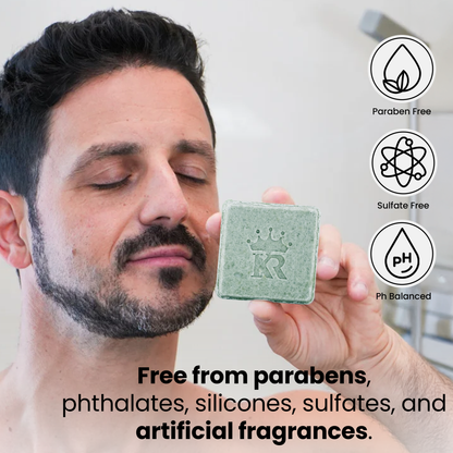 Man holding a bar of soap with branding, surrounded by icons and text about product features.