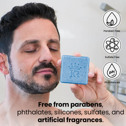 Man holding a blue bar of soap with brand logo, surrounded by icons and text about product features.