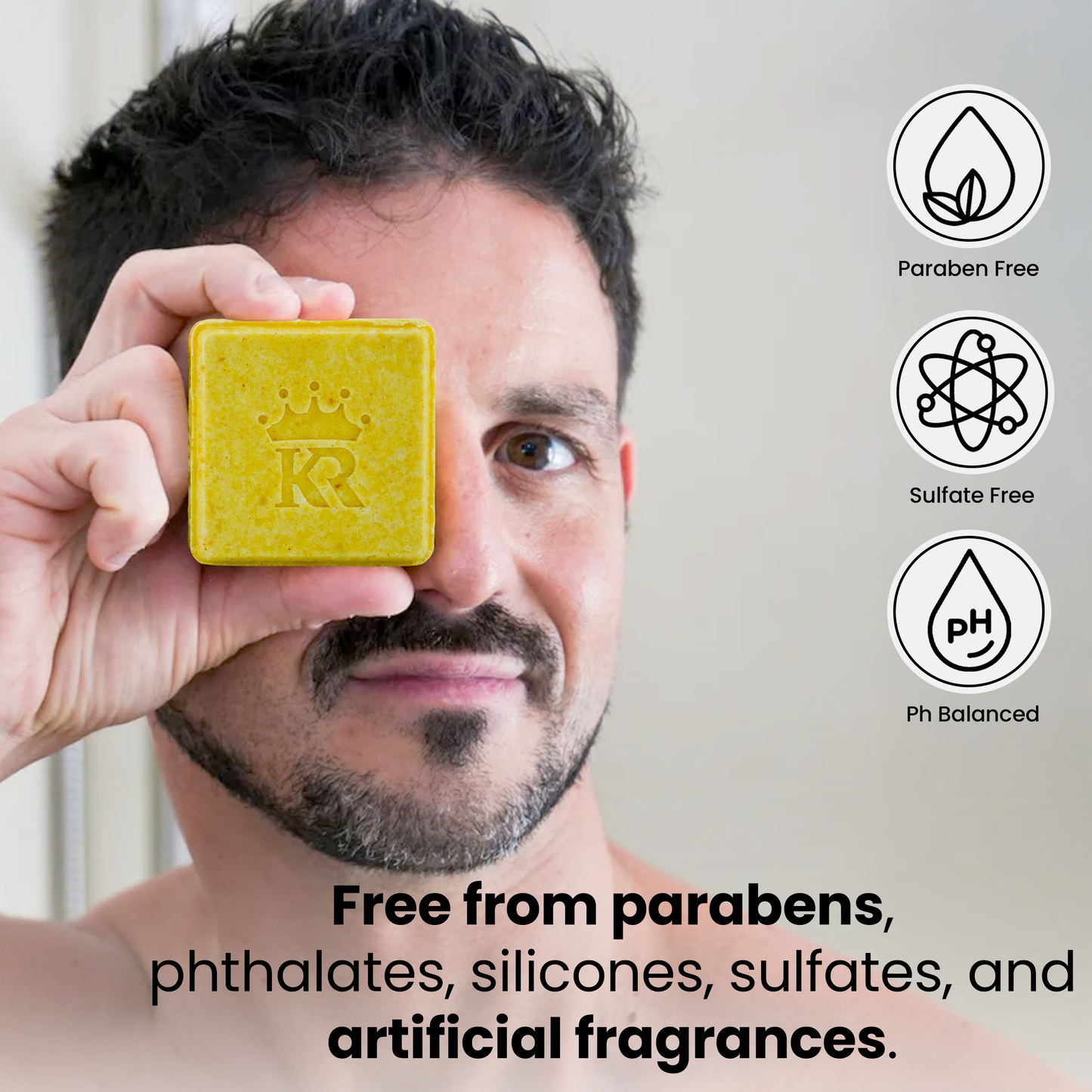 Man holding a bar of soap with brand logo, surrounded by product features on a gray background.