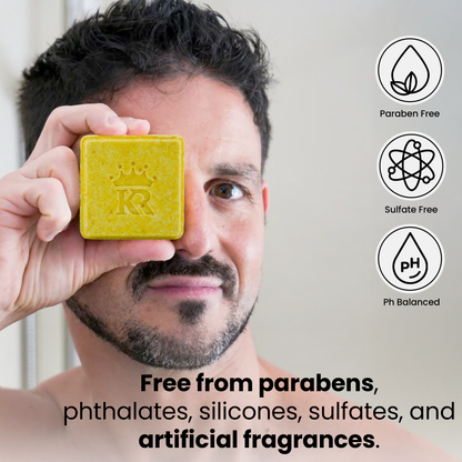 Man holding a bar of soap with brand logo, surrounded by product features on a gray background.