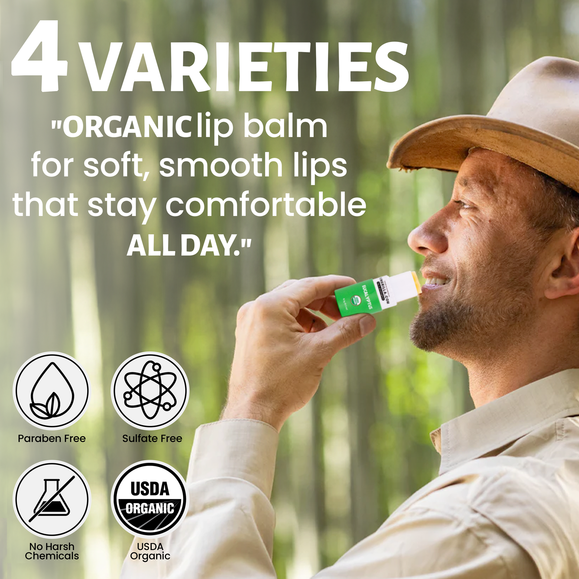 Man applying lip balm with text about organic lip balm varieties and benefits.