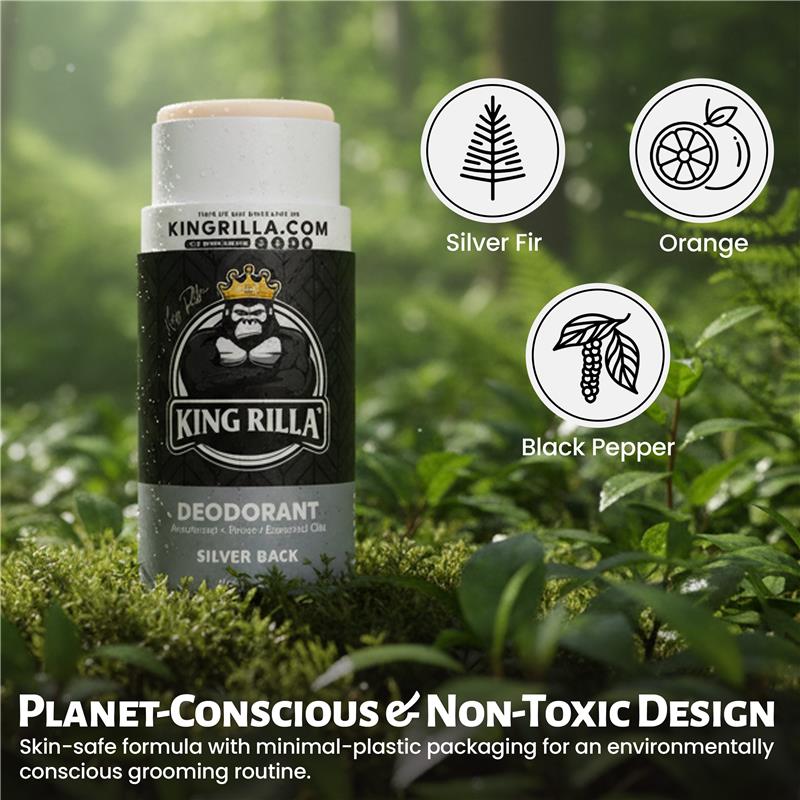 King Rilla deodorant stick with natural ingredients icons and text on a green foliage background