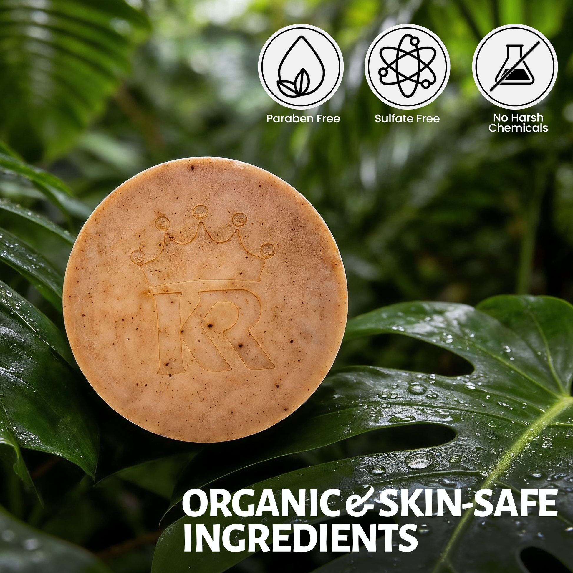 Bar of soap on a leaf with 'KR' logo, surrounded by green leaves, featuring icons for paraben, sulfate, and harsh chemical free, and text about organic and skin-safe ingredients.