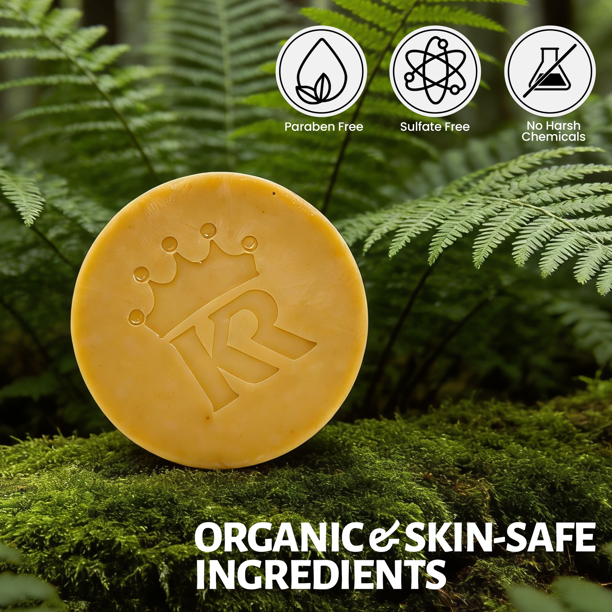 Yellow soap bar with a logo on a green leafy background, featuring icons and text about product attributes.
