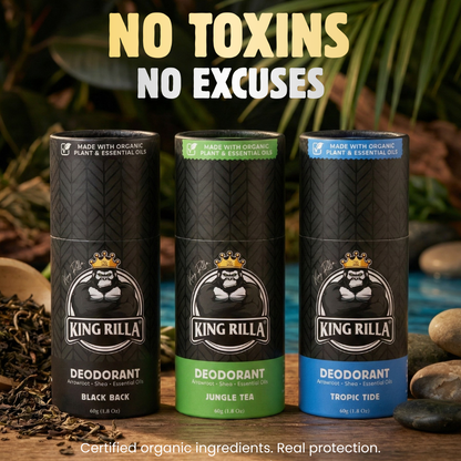 Three King Rilla deodorant tubes with a natural background and text 'No Toxins No Excuses'.