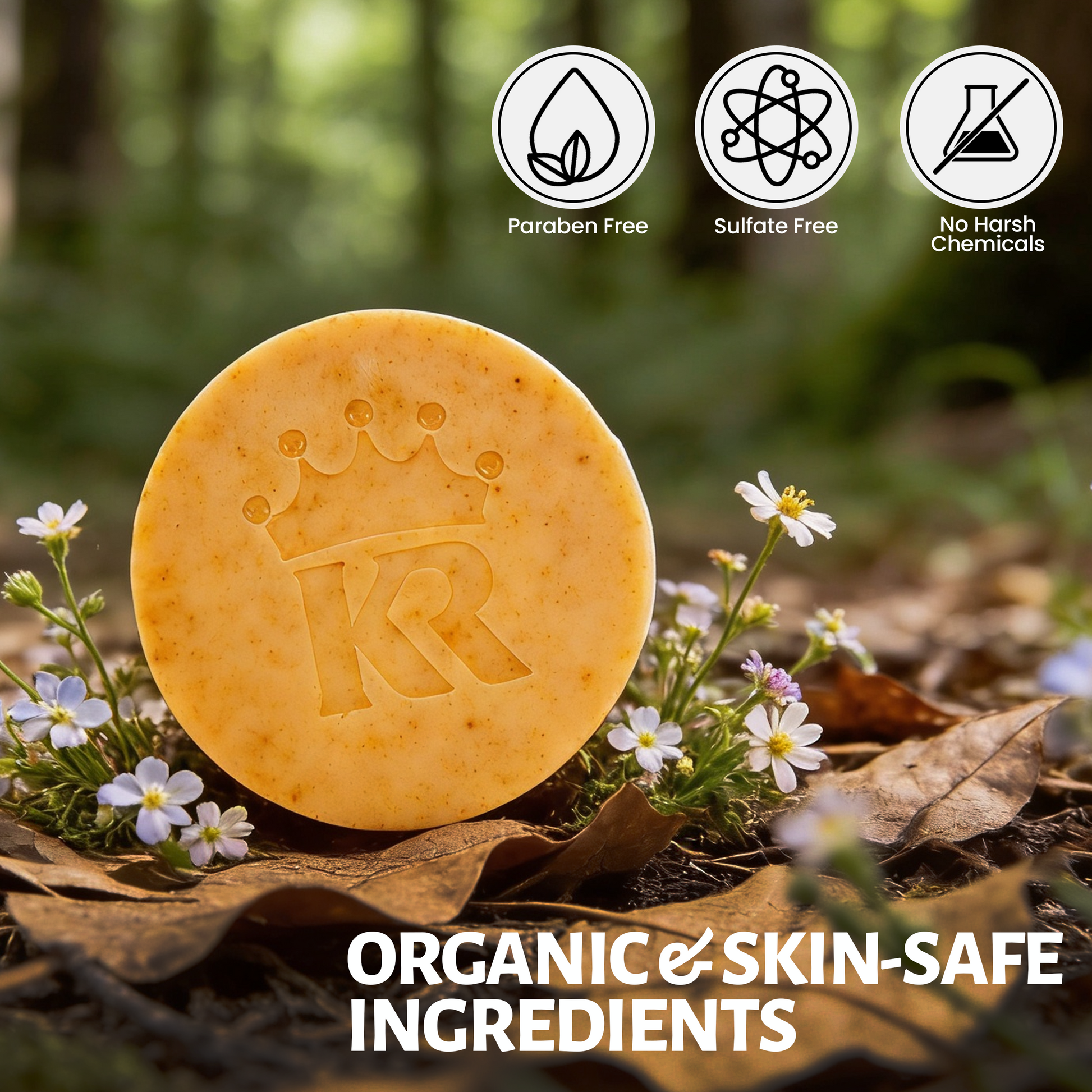 Bar of soap with a logo on a natural background, featuring icons and text about product benefits.