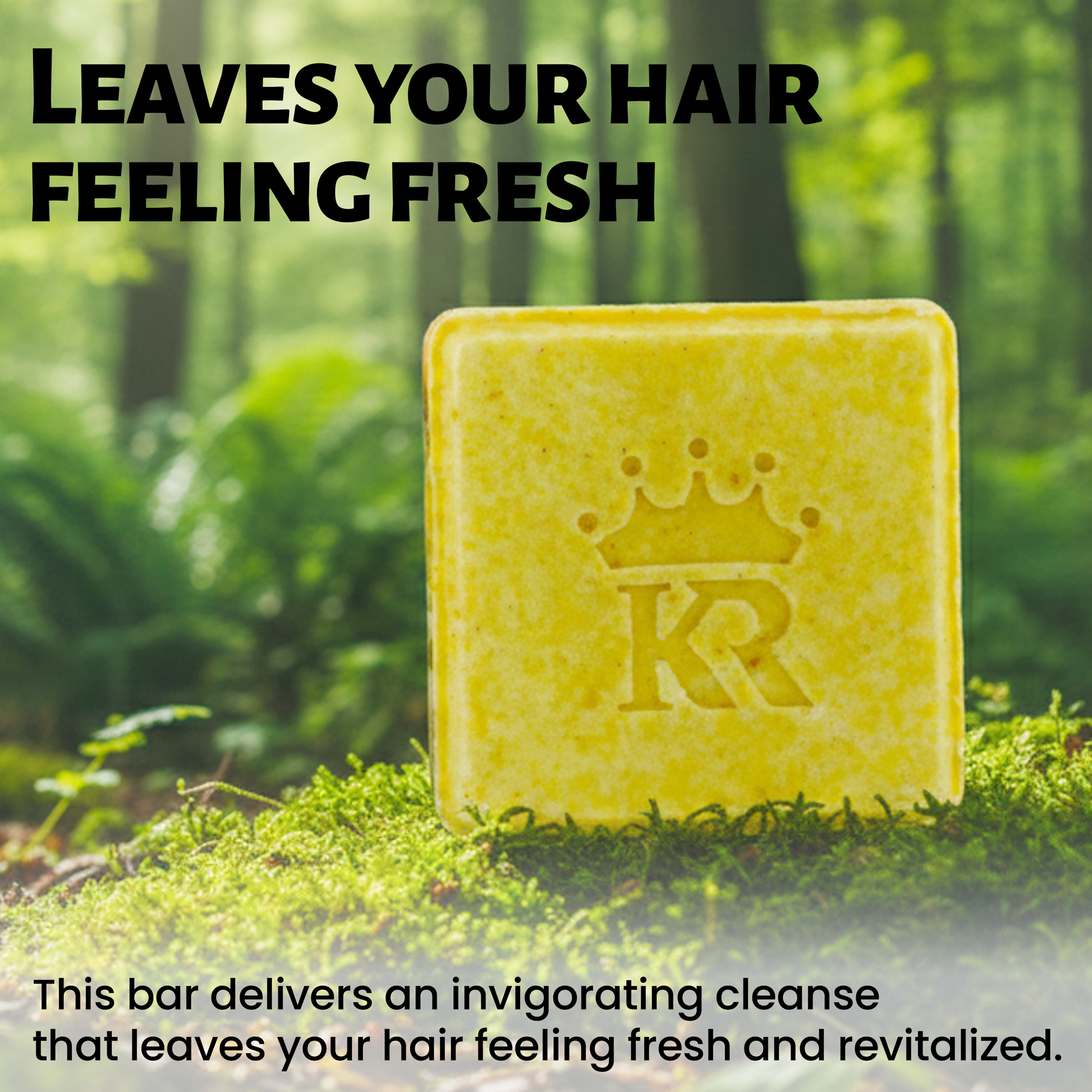 Yellow bar of soap with 'KR' logo on a green natural background