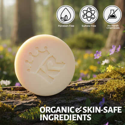Bar of soap on a log with forest background, featuring icons for paraben-free, sulfate-free, and no harsh chemicals, and text 'Organic & Skin-Safe Ingredients'.