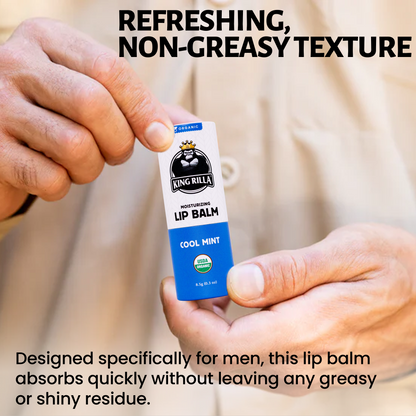 KING RILLA lip balm being held between two hands with promotional text about texture and design.