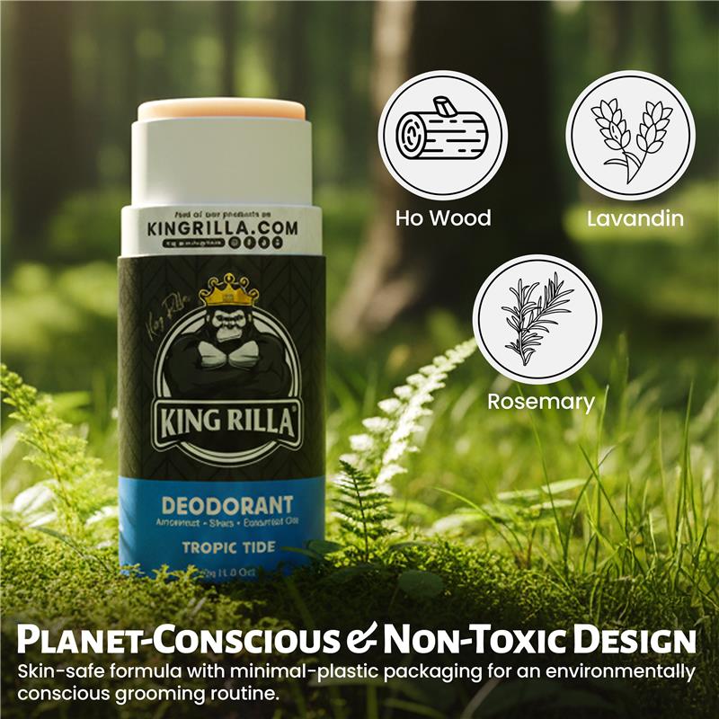 King Rilla deodorant stick with natural elements and branding on a green background