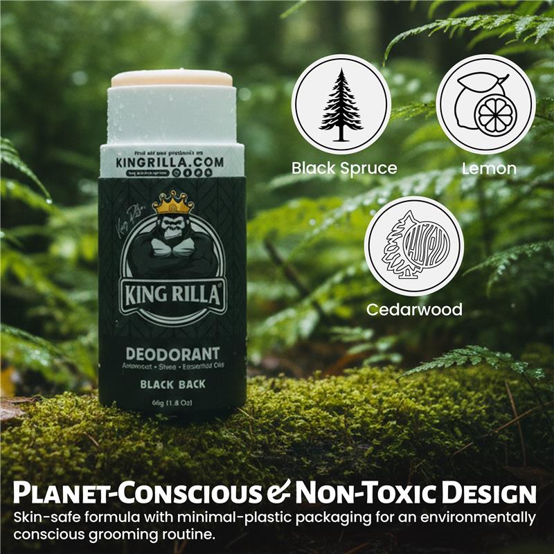 King Rilla deodorant stick with natural elements and branding on a green foliage background
