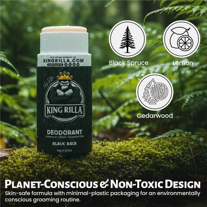 King Rilla deodorant stick with natural elements and branding on a green foliage background