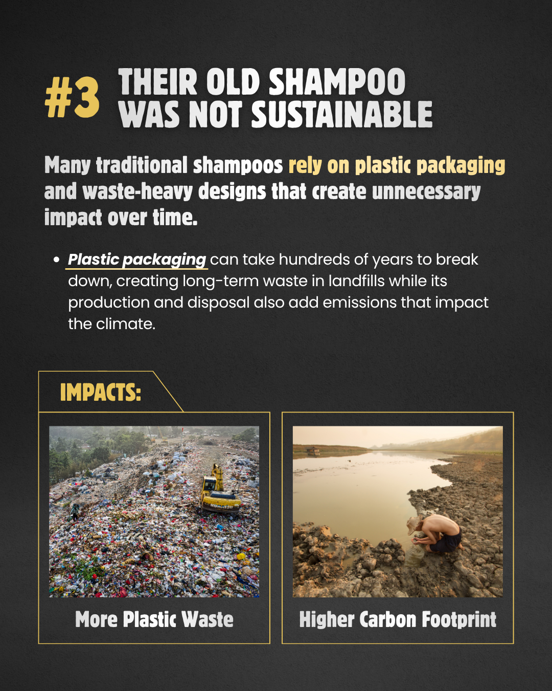 Environmental impact of traditional shampoo packaging and waste on a black background with text.