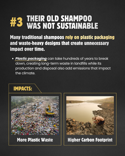 Environmental impact of traditional shampoo packaging and waste on a black background with text.