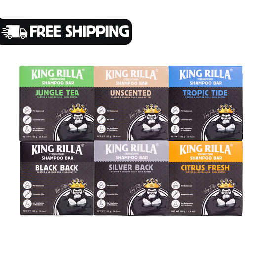 King Rilla shampoo bars with various scents on a white background