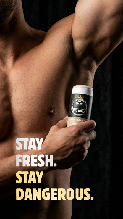 Man holding a can of King Killa deodorant with text 'Stay Fresh. Stay Dangerous.'