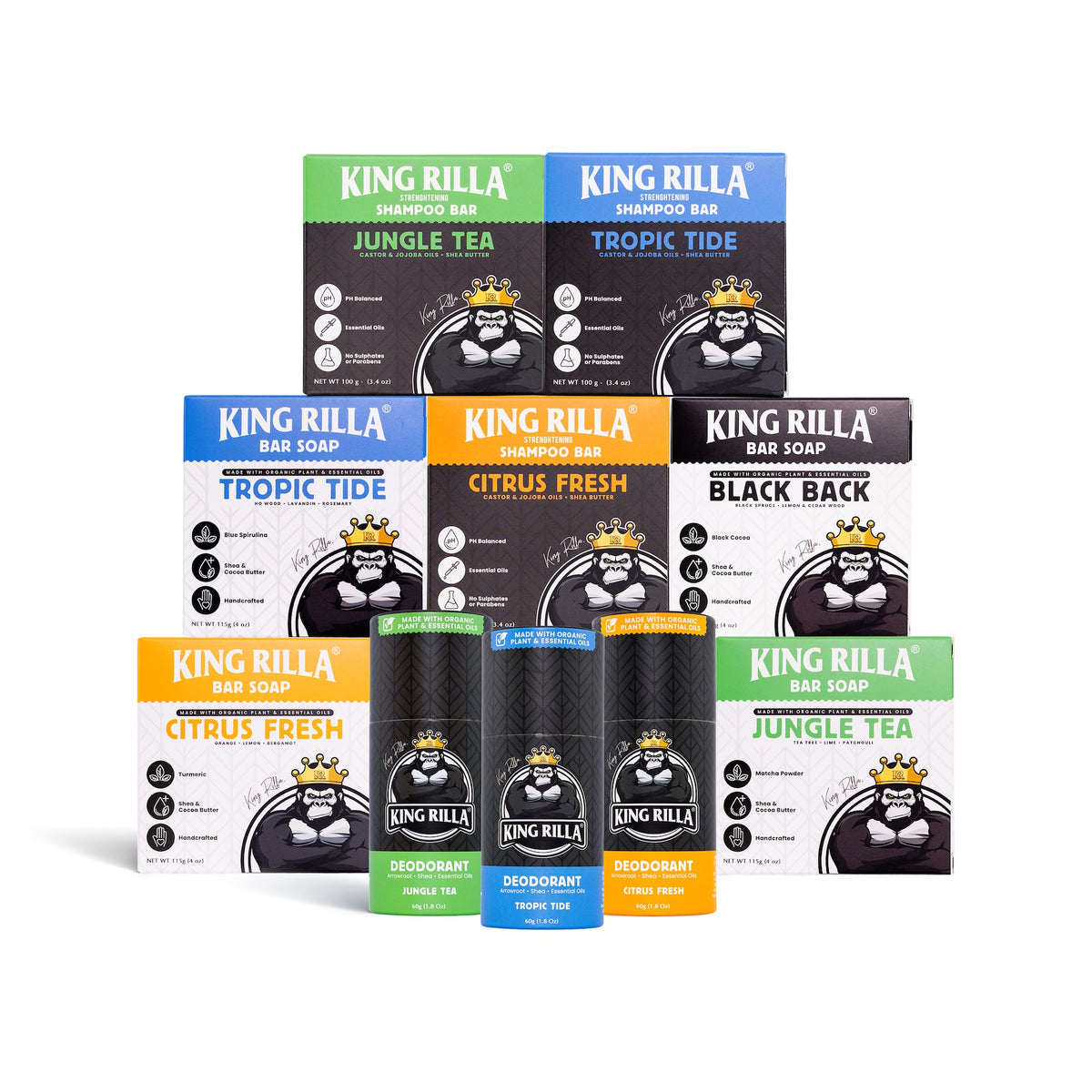 Collection of King Rilla personal care products including bars of soap and deodorants on a white background.