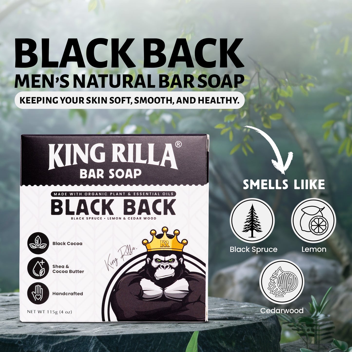 King Rilla Black Back men's natural bar soap packaging with branding and product details.