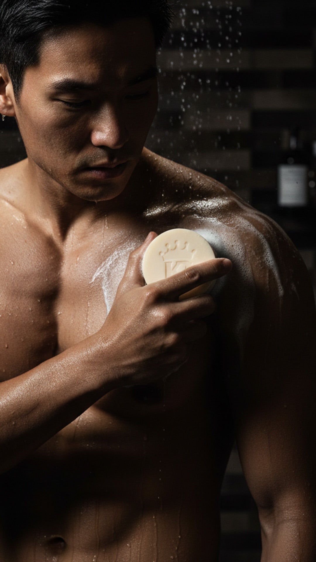 Man applying soap to his skin with a dark background