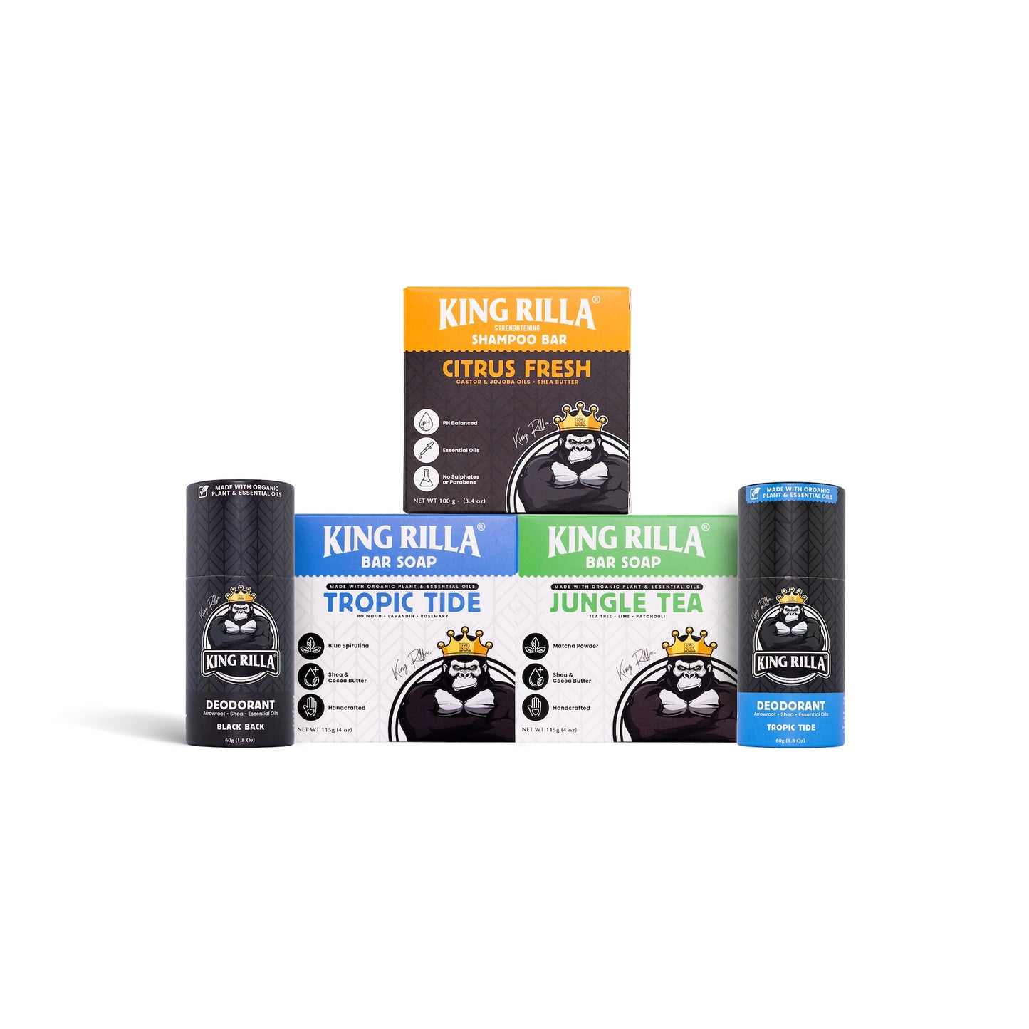 Collection of King Rilla products including bars and deodorants on a white background