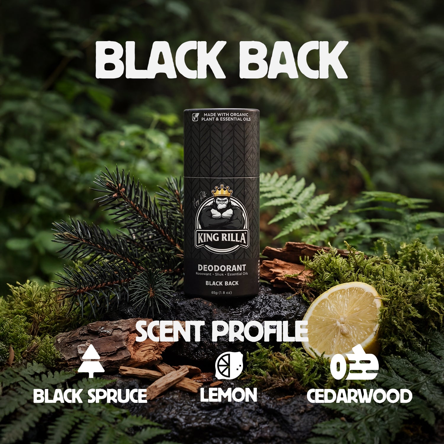 Deodorant stick with 'King Rilla' branding on a natural background with foliage and a lemon slice.