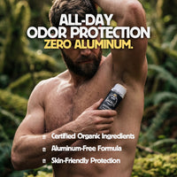 Man applying deodorant with text about all-day odor protection and zero aluminum content.
