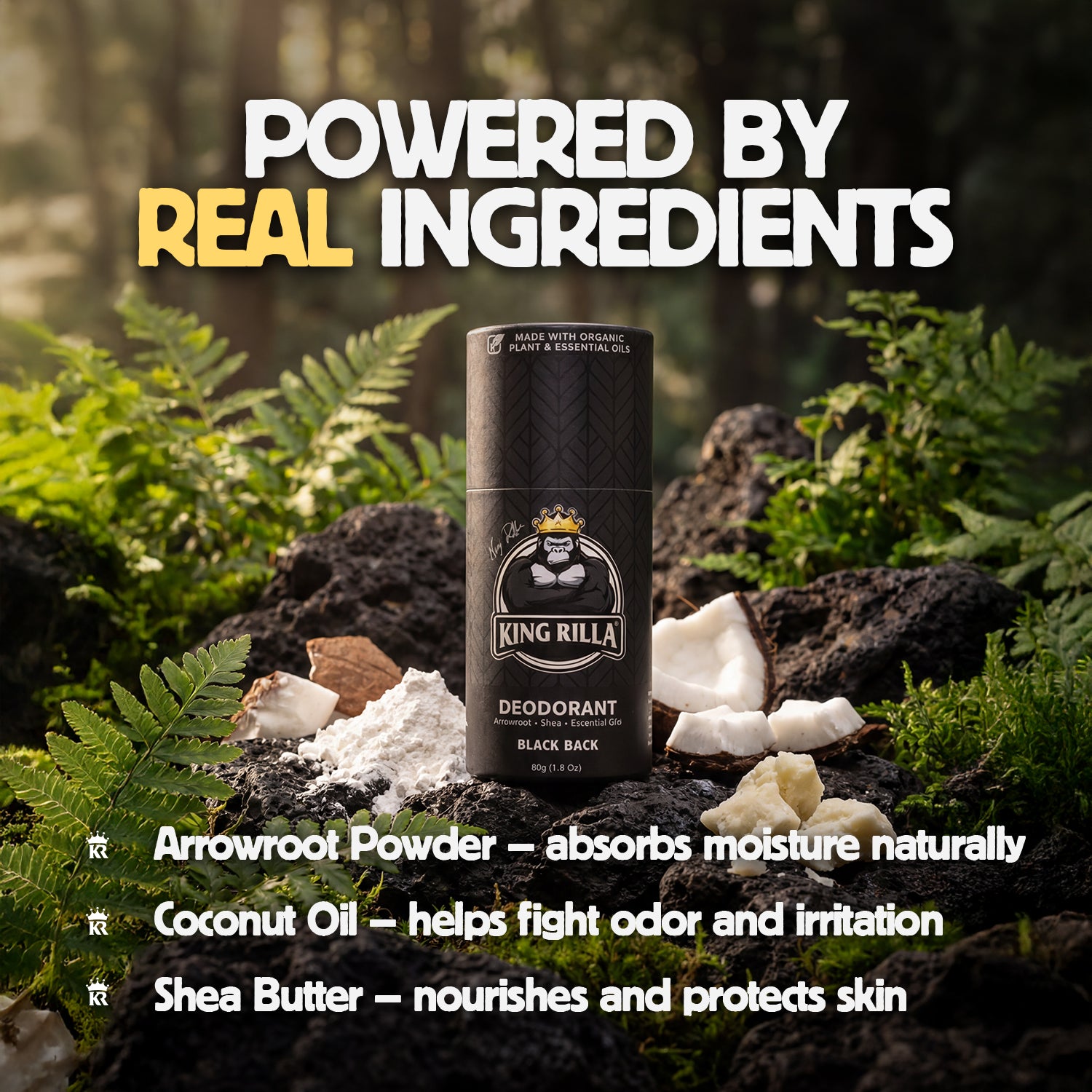 King Rilla deodorant can with natural ingredients on a forest background