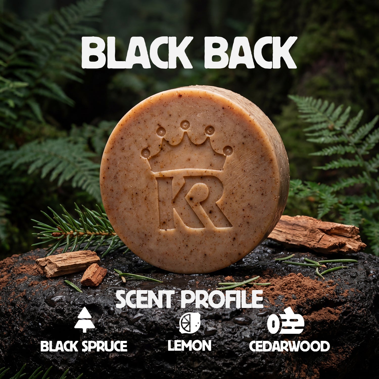 Bar of soap with a logo on a dark surface with greenery