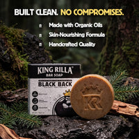 King Rilla Bar Soap with packaging on a natural background