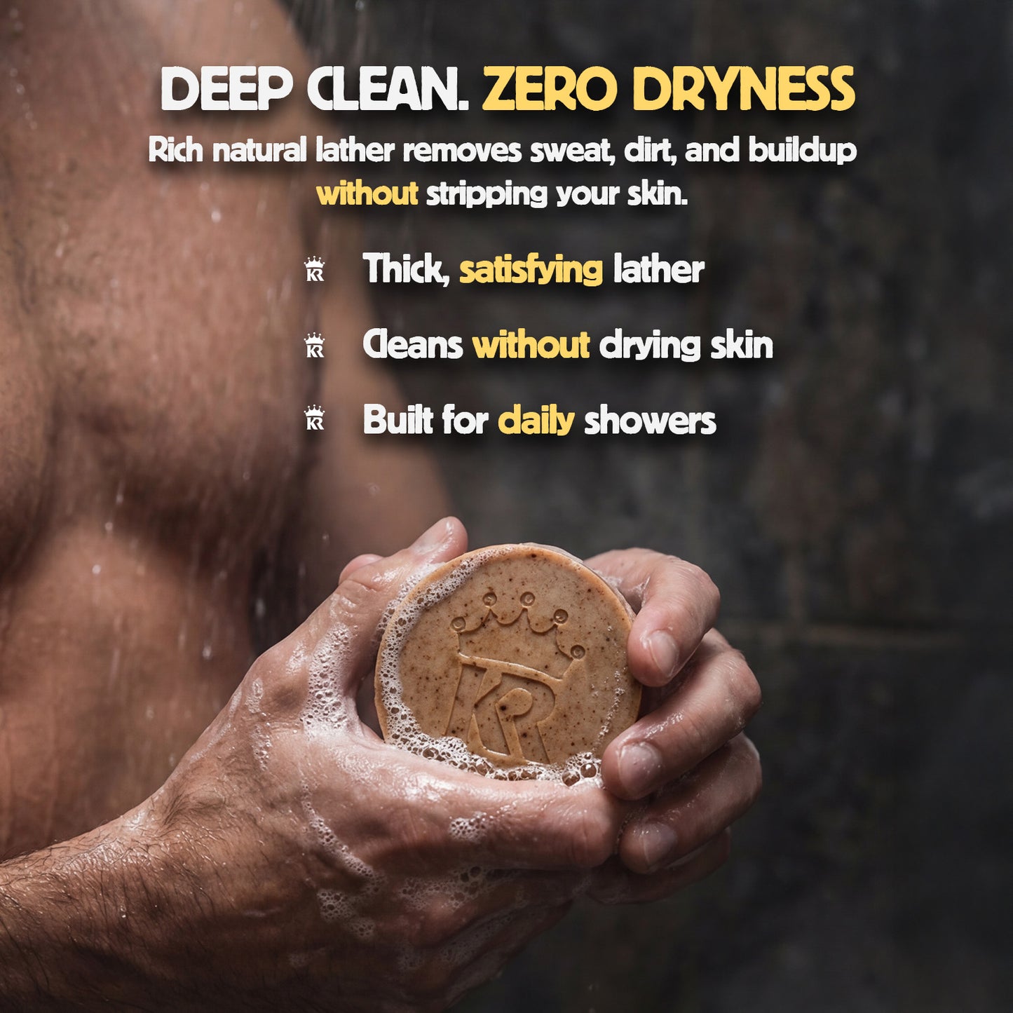 Hand holding a soap bar with brand logo, text about soap benefits on a dark background