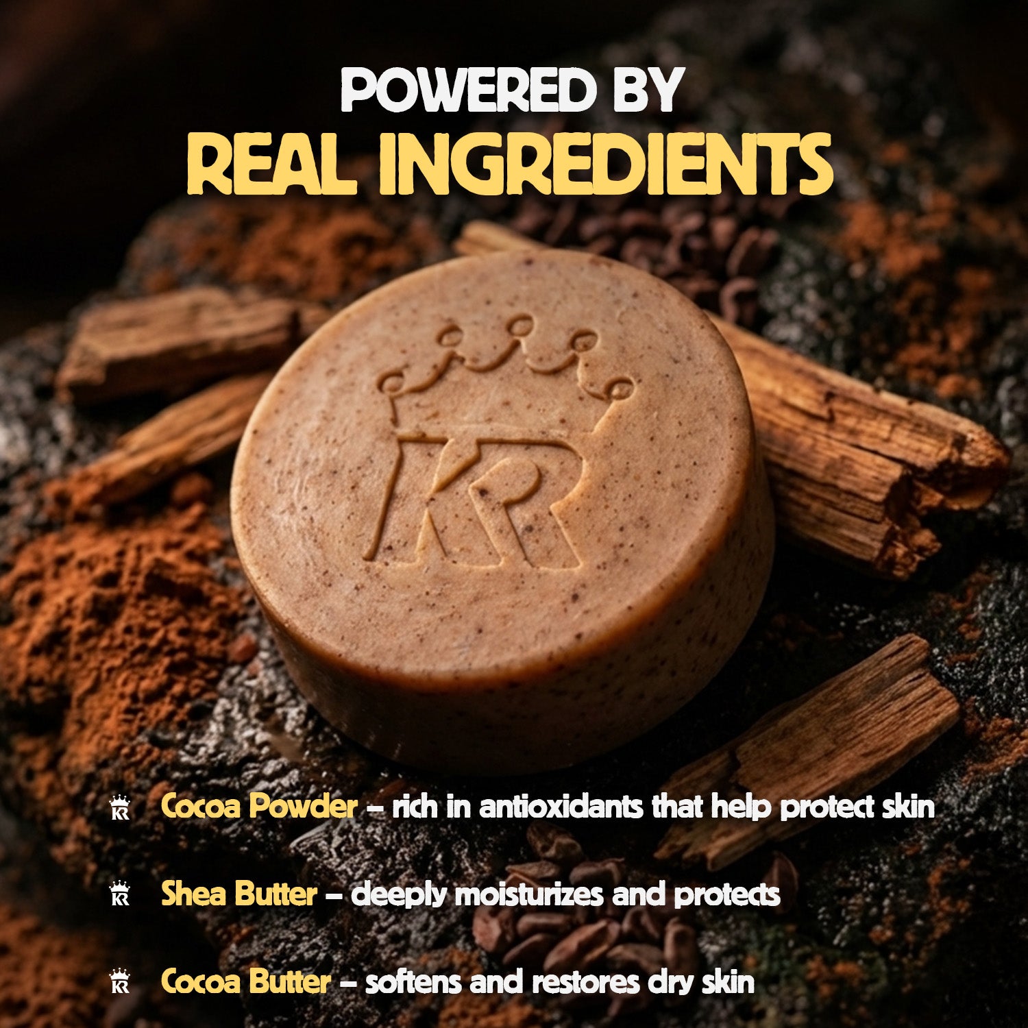 Brown soap bar with a logo on a dark background with cinnamon sticks and cocoa powder, featuring text about ingredients.