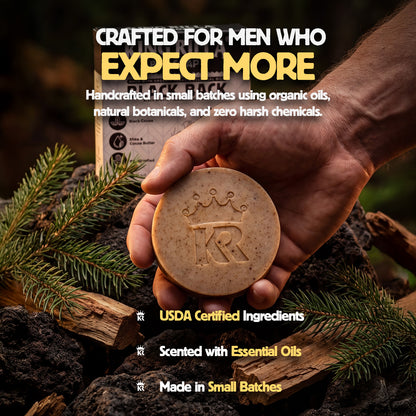 Hand holding a bar of soap with branding, surrounded by natural elements and text about product features.