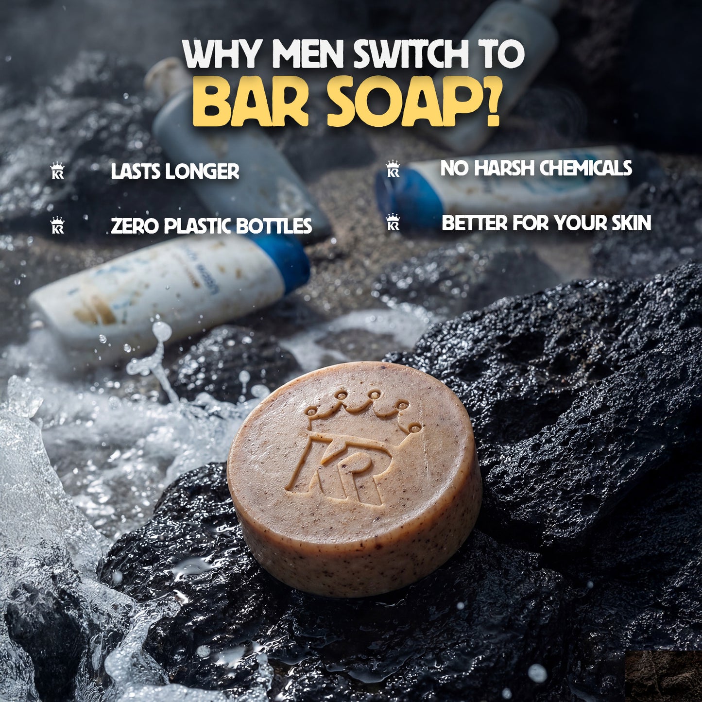 Bar of soap on a rocky surface with text about switching to bar soap.
