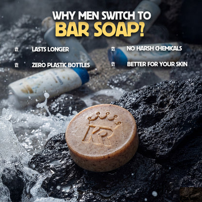 Bar of soap on a rocky surface with text about switching to bar soap.