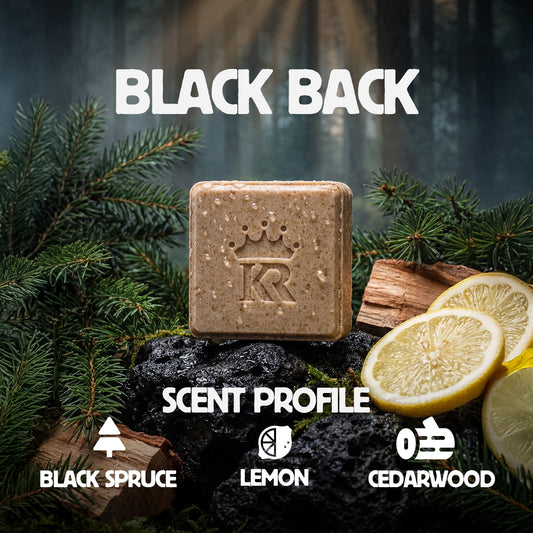 Bar of soap with a brand logo on a natural background with pine branches and lemons.