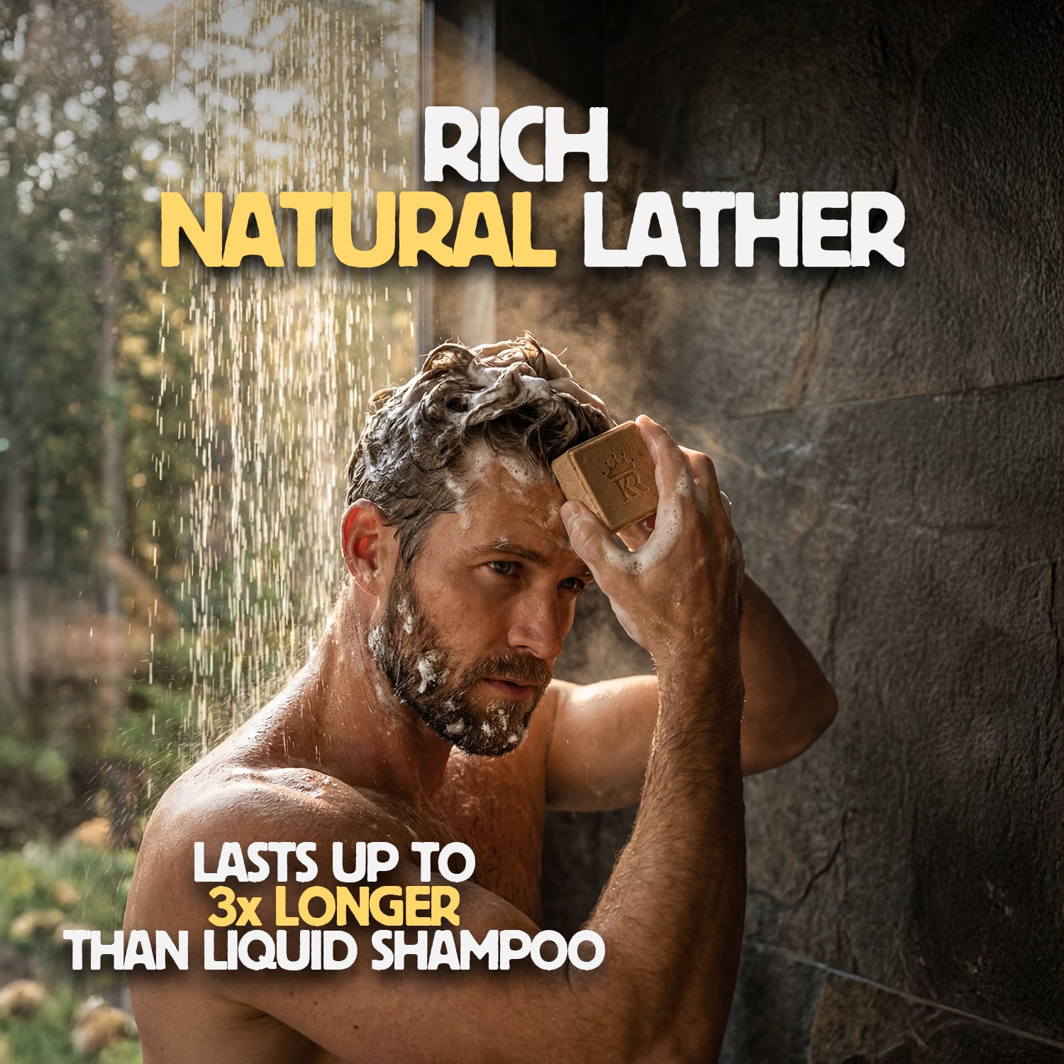 Man washing his hair with a bar of soap outdoors, promoting 'Rich Natural Lather' product.