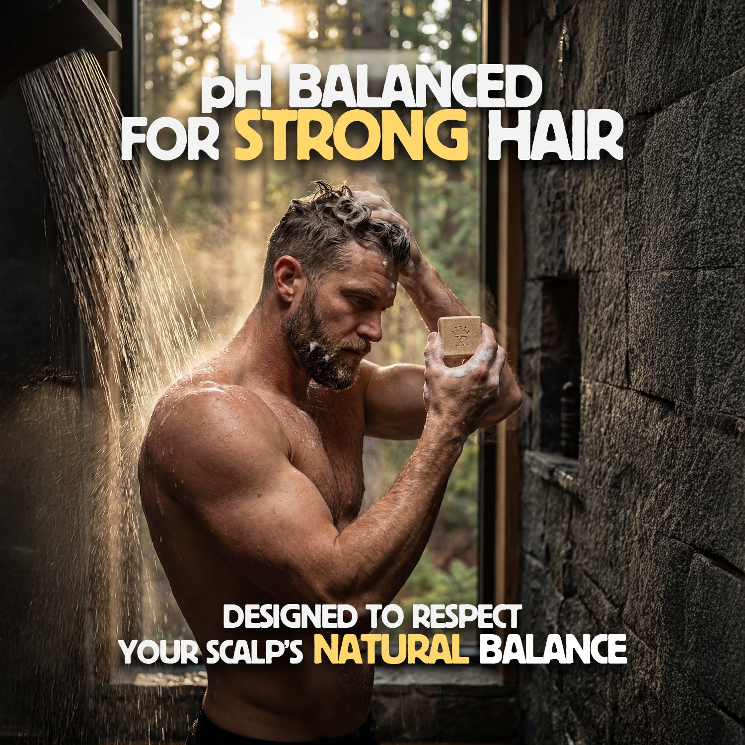 Man holding a bar of soap under a shower with text about pH balance for strong hair.
