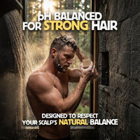 Man holding a bar of soap under a shower with text about pH balance for strong hair.