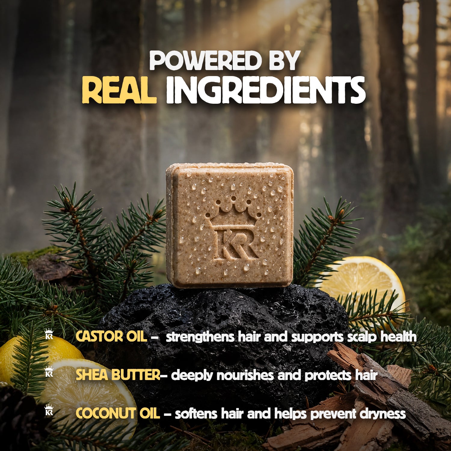 Bar of soap with natural ingredients on a forest background, featuring text about ingredients.