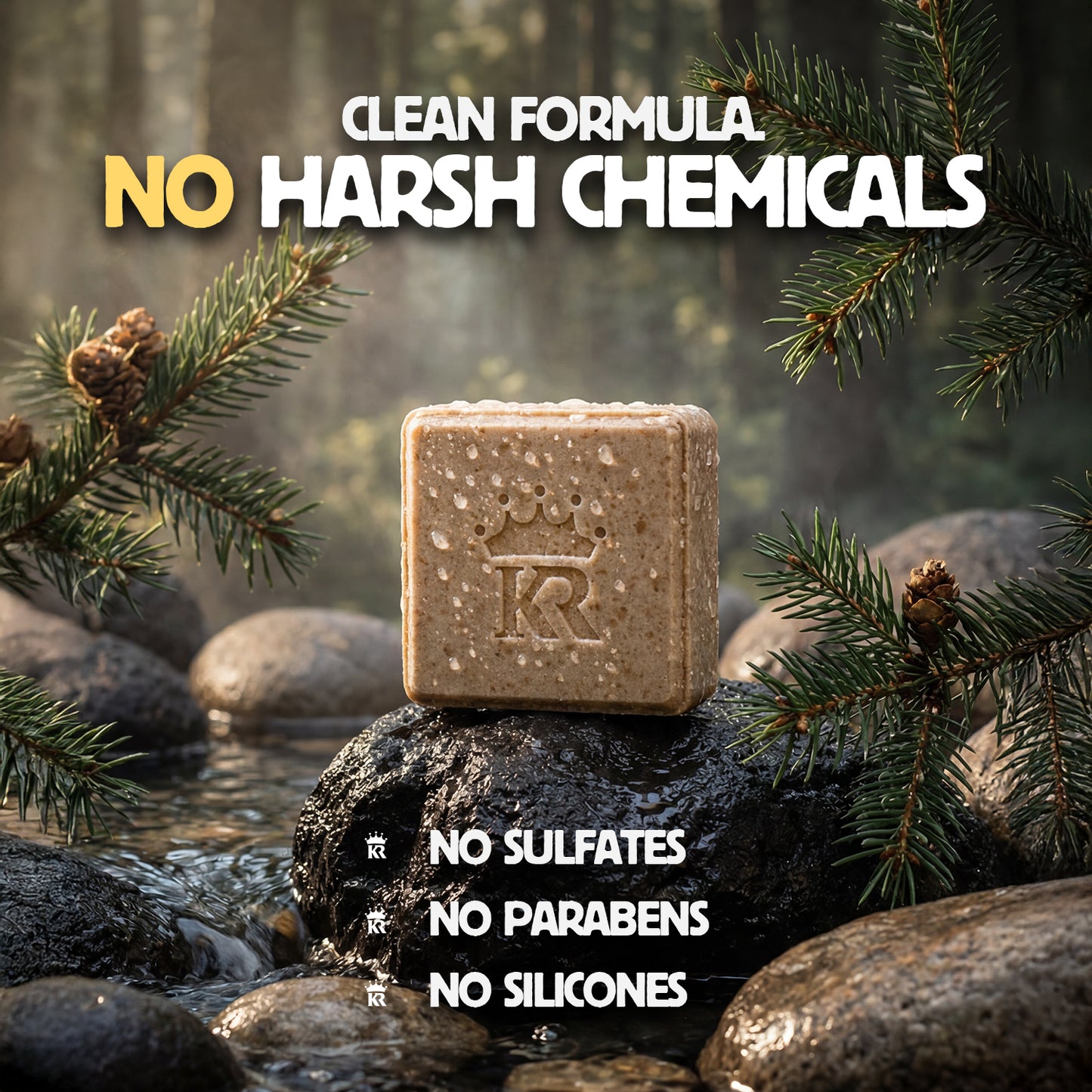 Bar of soap on a rock with natural background and text highlighting product benefits