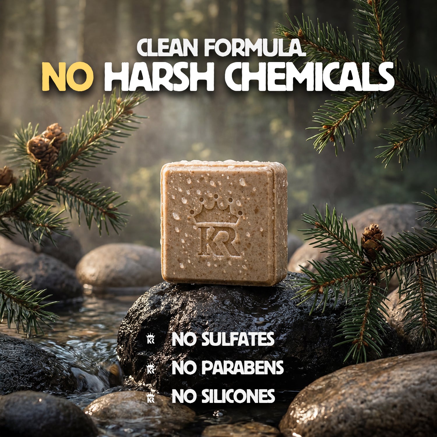 Bar of soap on a rock with natural background and text highlighting product benefits