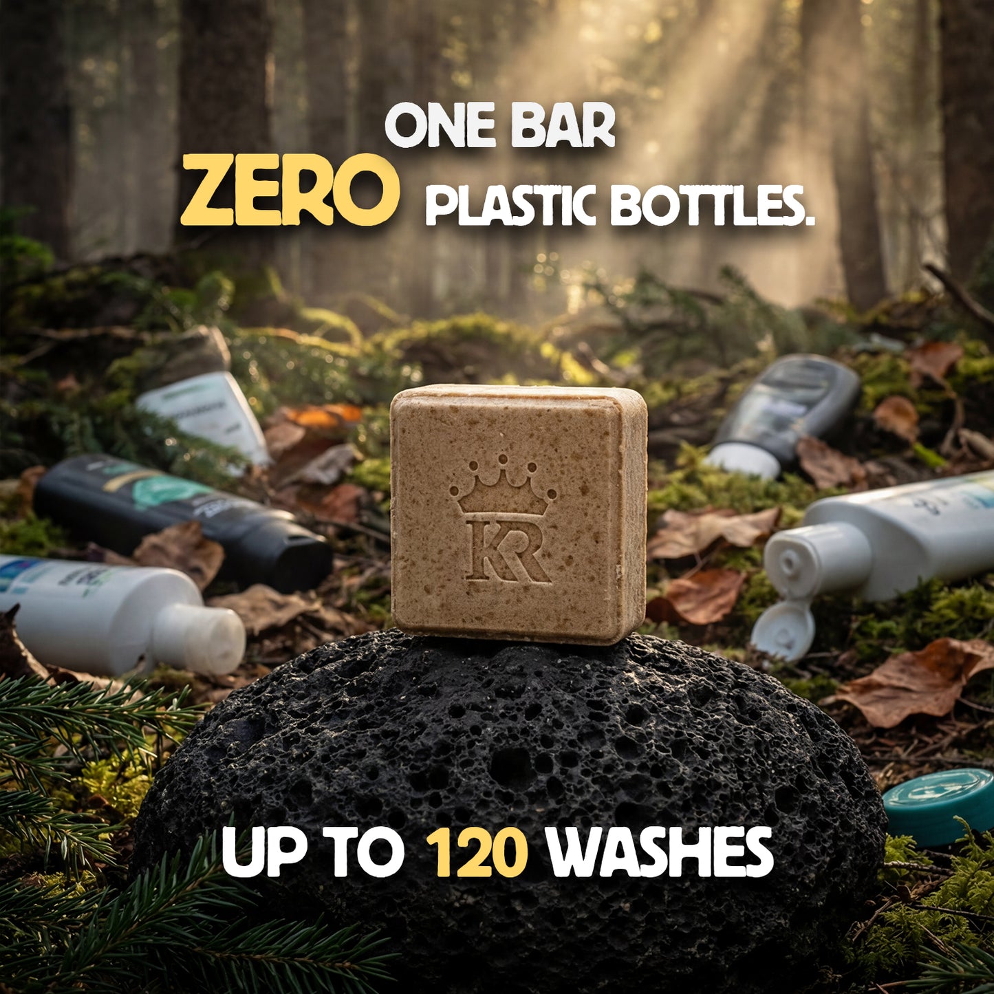 Bar of soap on a rock with plastic bottles in the background, emphasizing zero plastic bottles and 120 washes.