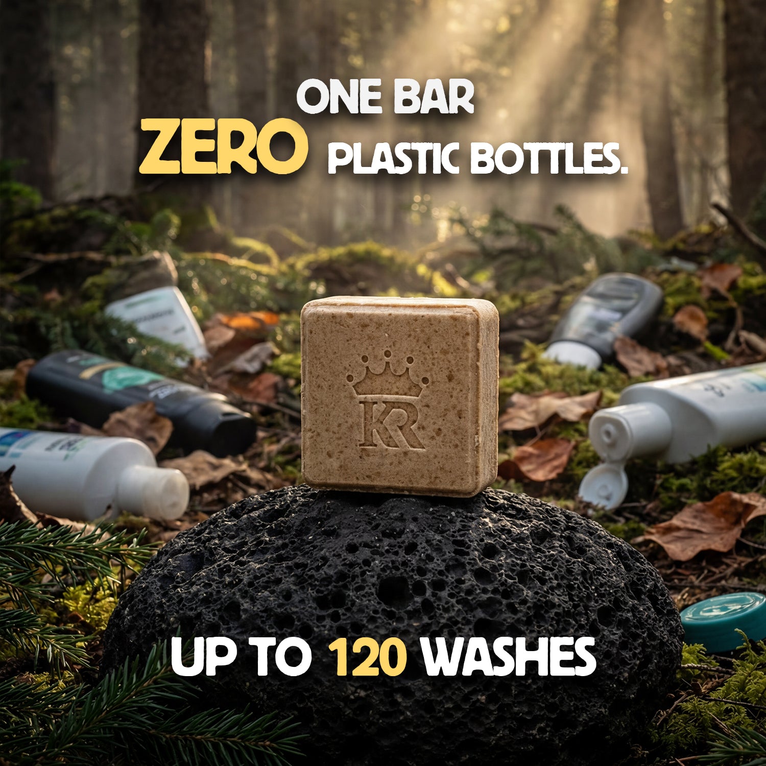 Bar of soap on a rock with plastic bottles in the background, emphasizing zero plastic bottles and 120 washes.