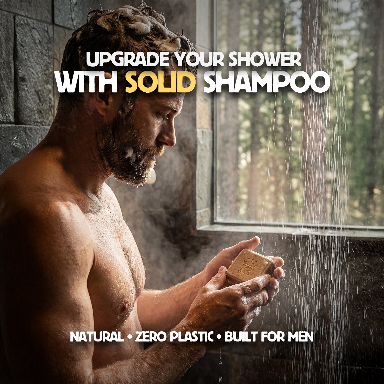 Man holding a bar of solid shampoo in a shower with text promoting solid shampoo.