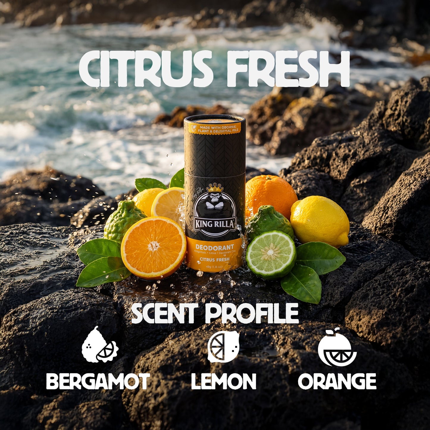 Deodorant can with citrus fruits on a rocky background, labeled 'Citrus Fresh'.